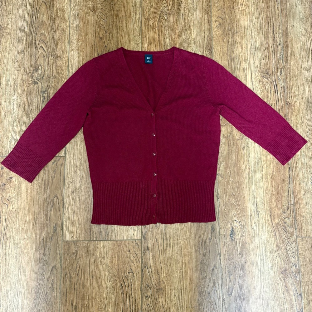 VTG y2k Gap Burgundy Wool Angora Cashmere 3/4‎ Sleeve Cardigan Sweater Small